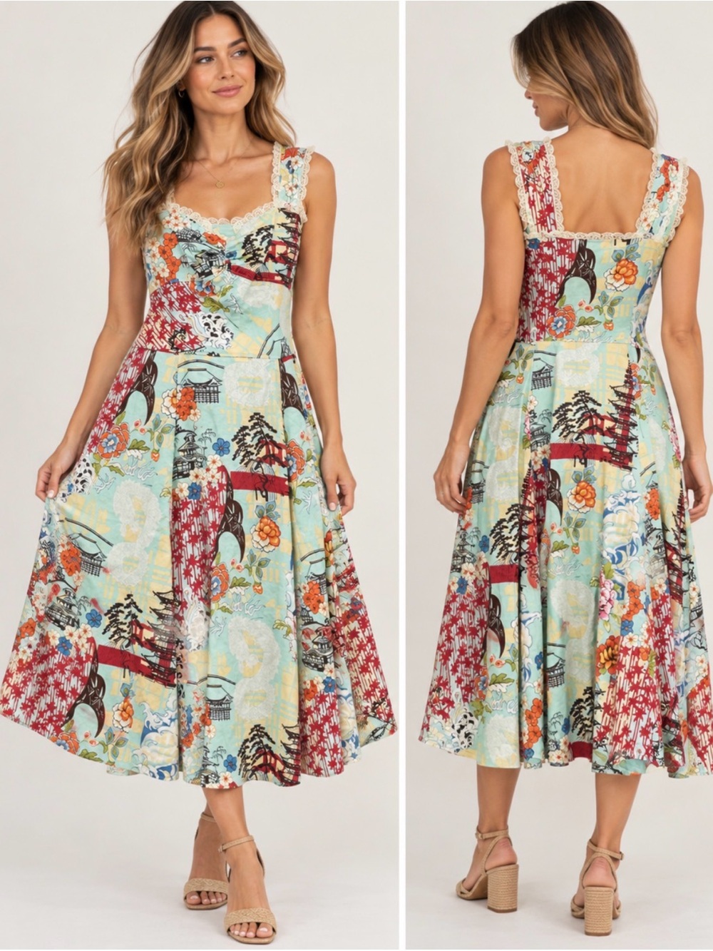 Vtg Floral Patchwork Midi Dress in Multi-Color